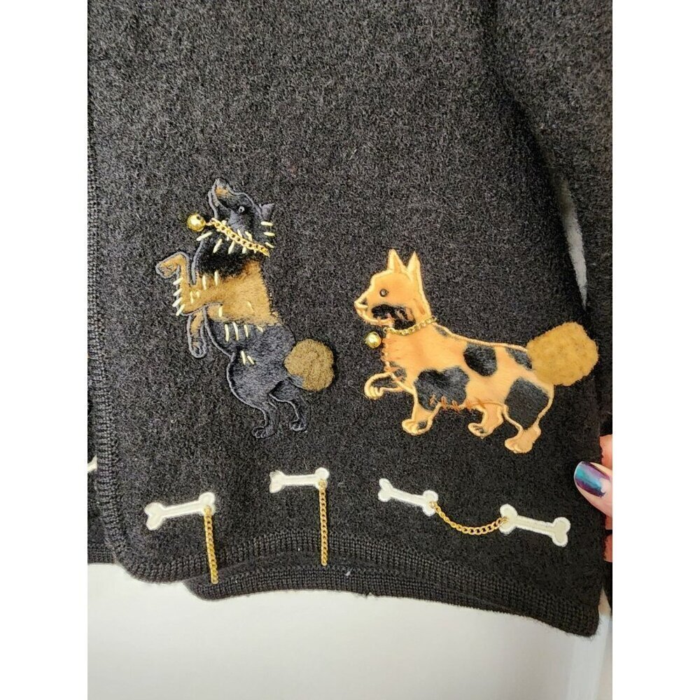 Cute 90s Boiled Wool Full Zip Cardigan Dogs Bones Lisa International Sz Petite M - Picture 5 of 7
